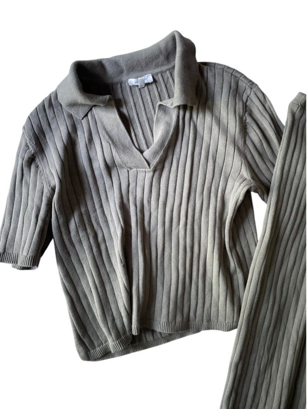 Haven Well Within Organic Cotton Wide Rib Pants and Boxy Top Set Lounge Green XL - Picture 3 of 11